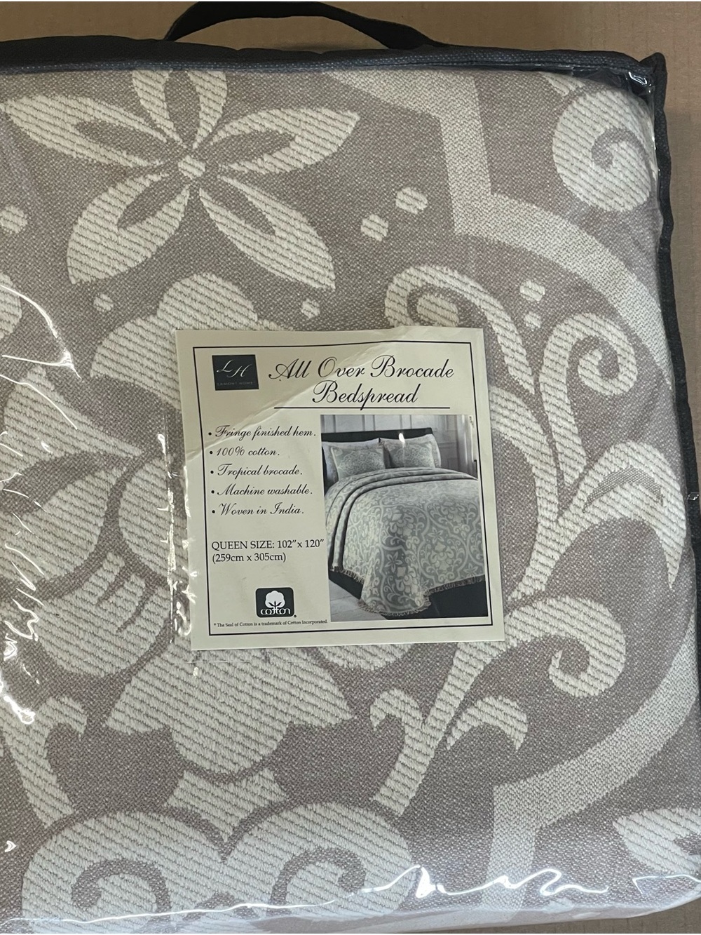 Lamont Home All Over Brocade Bedspread Woven Jacquard Linen Cream Fringed  Queen